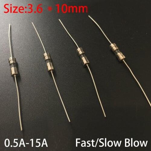 6.3A 8A 10A 250V 3.6*10mm 3.6x10mm Double Iron Cap Glass Tube Cartridge F Fast Quick T Slow Blow Lead Wire Axial Fuse