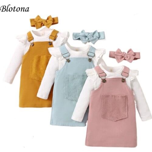 Blotona 3Pcs Kids Girls Spring Autumn Outfits, Solid Color Ribbed Long Sleeve T-Shirt +Overalls Dress with Pocket+ Hairband 1-5Y