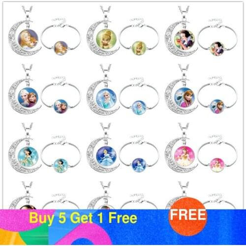 2pcs/set Disney Cartoon Princess Frozen Suit Time Gemstone Isana Alloy Bracelet Necklace Set Kids Toys Girls Jewelry Gifts