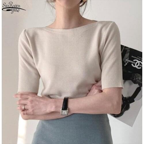 Cotton Basic T Shirts Women Knitted Tees Solid O Neck Half Sleeve Female Tops Summer 2021 New Casual Slim Fit Ladies Tees 14078