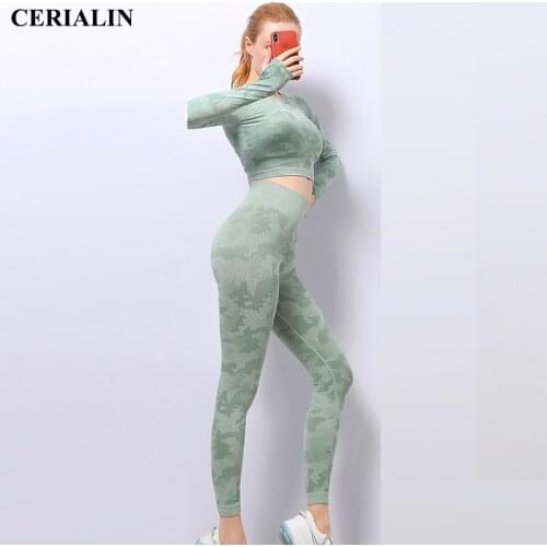 Camouflage Seamless Yoga Suit Women Fitness Clothing Sports Long Sleeves Tops Bra Gym Leggings Pants Suit Workout Sportswear