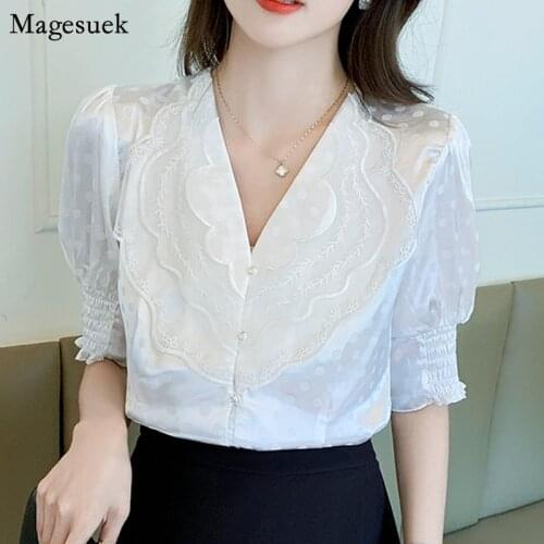 Korean Loose White Blouse Women Summer V Neck Polka Dot Lace Chiffon Shirt Ladies Puff Sleeve New French Style Female Tops 15220