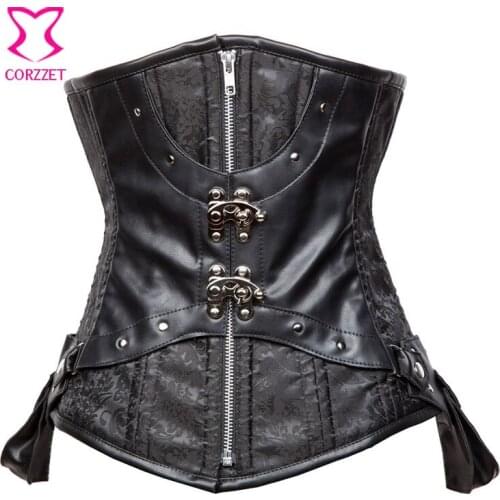 Vintage Black Brocade & Leather Steampunk Corset Underbust Steel Bone Zipper Waist Trainer Gothic Clothing With Side Pouches 6XL