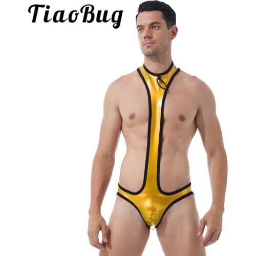 Mens Club Stage Show Costume Patent Leather Slim Catsuit Round Neck O Ring Erotic Romper Leotard Bulge Pouch Open Butt Jumpsuits