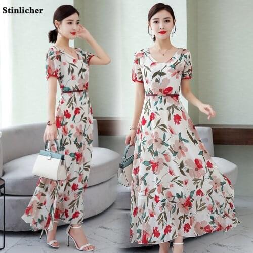 Summer long maxi dress women casual V-neck flower print chiffon dress ladies elegant short-sleeved boho beach dress