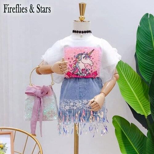 Summer girls 2 pcs set baby T shirt + denim skirt kids suit children set fashion unicorn flying sleeve sequin tassel 3 to 8 yrs
