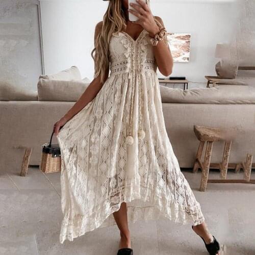 Hot Sales Maxi Dress Hollow Out Lace Women Spaghetti Strap Large Hem Dress for Dating