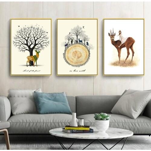 Modular Pictures Nordic Style Prints Wall Art Abstract Lovely Girl and Sika Deer Forest Animal Poster Canvas Painting Home Decor