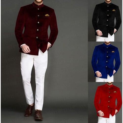 2021 Burgundy Velvet Suit Men Stand-up Collar Blazer Custom Made Groomsmen Wedding Marriage Clothes Jacket with Pants 2 Pieces