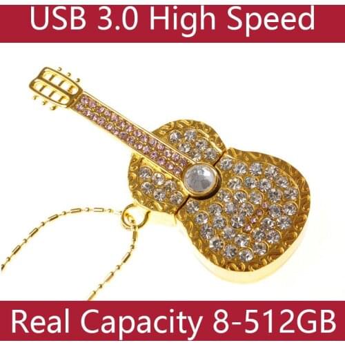 New Crystal Jewelry Necklace Gold Silver Guitar 64GB 128GB 16GB USB Flash Drive 32GB Memory Pen Drive 3.0 Stick Pendrive 1TB 2TB