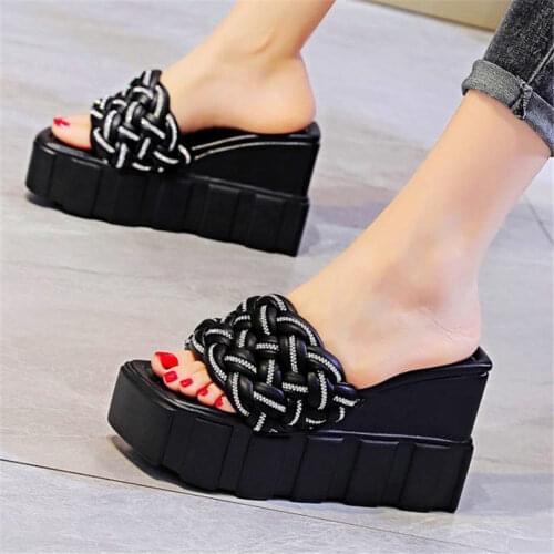 Platform Shoes Slippers Womens Cow Leather Sandals Crystal Open Toe High Heels Buckle Party Wedge 34 35 36 37 38 39
