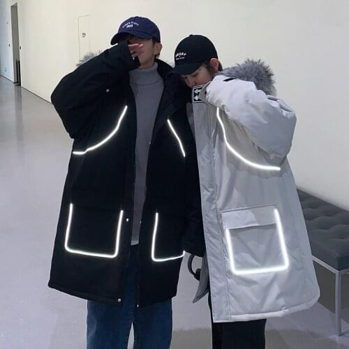 Reflective Strip Mens Loose Thick Warm Parkas Coat Hooded Winter Outwear Plus Size M-5XL A6