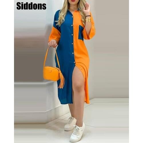 Women Turn-Down Collar Colorblock Button Design Shirt Dress Casual Loose Loungewear Daily Wear