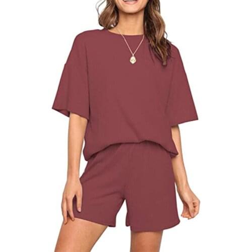 Women V-neck T-shirt Drawstring Shorts Solid Sleepwear Pajamas Casual Set Loose Tracksuit 2 Piece Suit Summer Outfits Sportswear