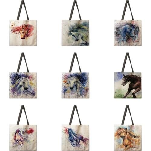 Watercolor horse linen shopping bag ladies shoulder bag foldable shopping bag fashion beach bag handbag