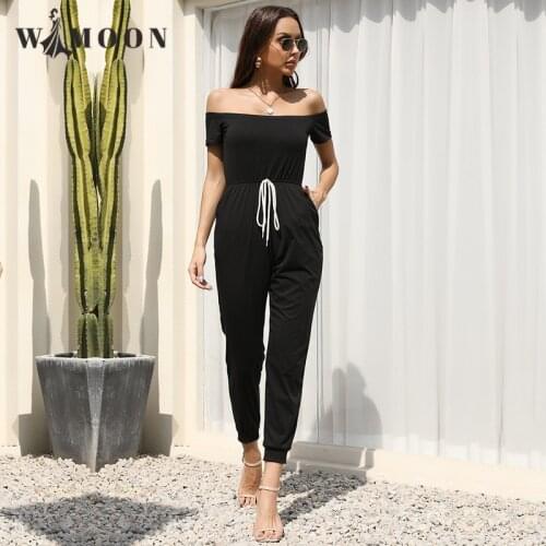 2021 Summer New One Word Shoulder Jump Suits Short Sleeve Lace Up Solid Color Jumpsuit Solid Fashion Casual Jumpersuit Women