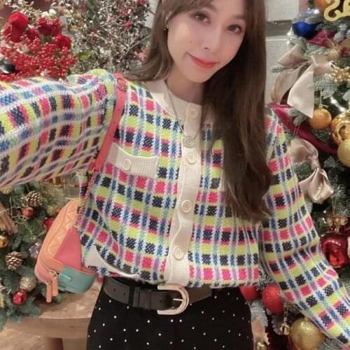 Plaid Cardigan Women Vintage O-Neck Long Sleeve Single Breasted Casual Korean Style Clothes Knitted Sweater Jackets 2021 Fashion