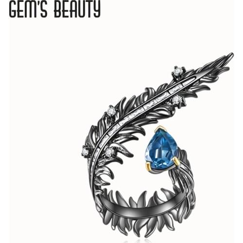 Gems Beauty Adjustable Ring 925 Sterling Silver Trendy Fine Jewelry For Charm Women Bijoux Feather London Blue Topaz Open Ring