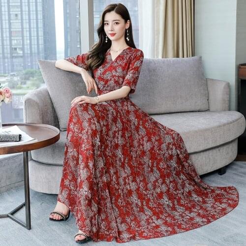 2021 High Quality Chiffon Boho Print Maxi Dress Summer Vintage 4XL Plus Size Midi Sundress Women Elegant Bodycon Party Vestidos