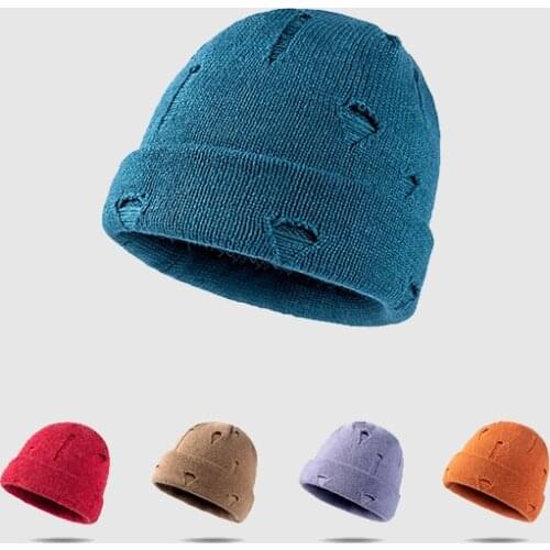 Winter Hole Knitted Women Cap Tie-Dye Warm Casual Short Thread Hip Hop Hat Adult Men Beanie Wool Knitted Beanie Skull Cap Kpop