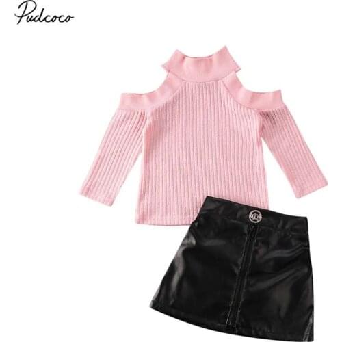 2020 Baby Spring Autumn Clothing 2PCS Toddler Kids Baby Girls Long Sleeve Cutout Turtleneck Tops PU Mini Skirt Outfits Clothes