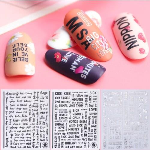 1pc 3d Adhesive Decals Nail Art Sticker Letters Black White Silver Label DIY Nail Decoration Slider Transfer Tips SACB122-124