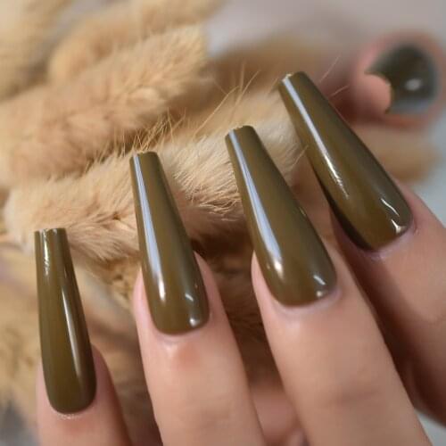 Artificial Super Long Ballerina Nails Brown Green Full Cover Ladies Adhesive Fingernails 24pcs Salon Tapered Nail Art
