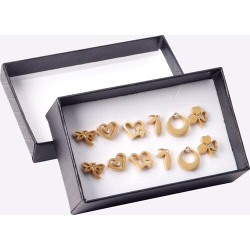 6Pair/Box 316L Stainless Steel Stud Earrings Cubic Zirconia Mix Shape Gold Silver Color Women/Girl Party Jewelry Accessories