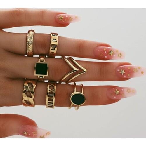 7pcs/set Bohemian Fashion Black Geometric Charm Knuckle Joint Rings Set For Women Retro Gold Roman numerals Finger Rings Jewelry