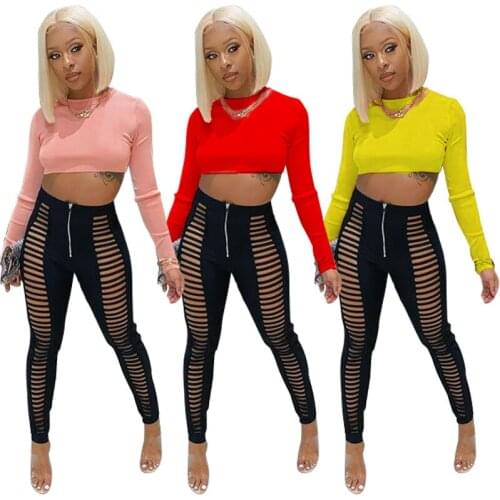 81Y8034 Autumn Winter Women Casual Home Solid Navel Burn Flowers Hole Two Piece Set Top and Pants Tracksuit Sweatsuit Outfits