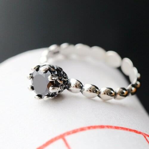 925 Sterling Silver Black hand set zircon Nvjie Vintage Silver Ring Opening