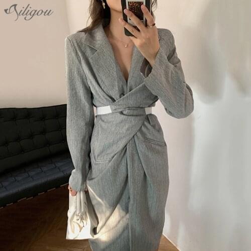 Ailigou New Casual WomenS Gray Pleated Long Elegant Dress New Style V-Neck Belt Long Sleeve Loose Fashion Trendy Summer 2021