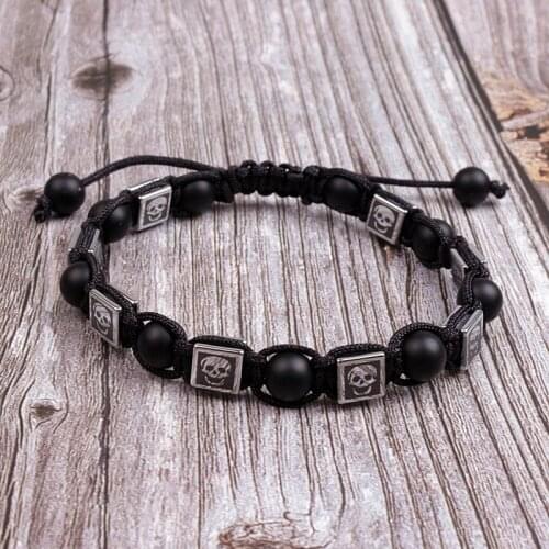 8mm Black Stone Beads Bracelet Braided Rope Black Matte skull Charm Healing Balance Beads Yoga Bracelet For Men Dropshipping