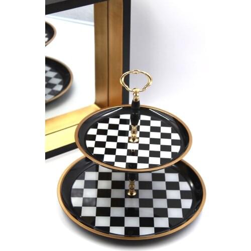 Black White Checkered Elegant Two-Layer Gold Detailed Cookie, Cake, Fruit Ductile