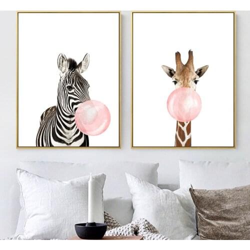 HAOCHU Nordic Decorative Canvas Painting Animals Blowing Bubbles Giraffe Zebra Koala and Panda Modern and Simple Style