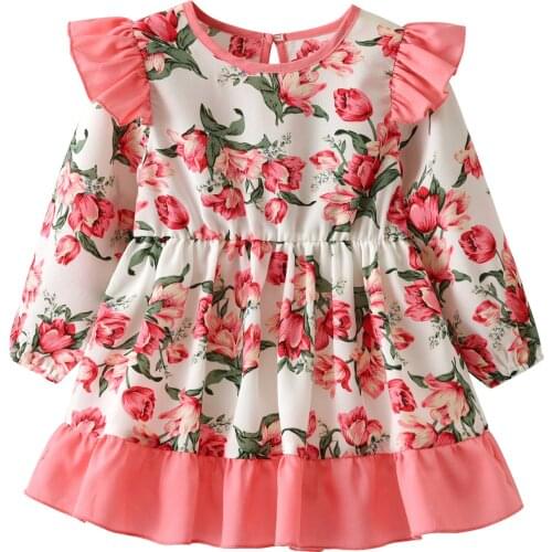Kids Girls Floral Print Dress Rose Ruffle Long Sleeve Dress 2021 New INS Children Cute Dress Flower Pattern Autumn Winter Cloth