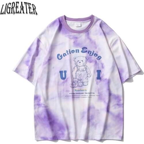 2021 New Fashion Cotton T-shirt Gradient Tie-dye Tshirt Printed Bear Letter Short Sleeve T shirt Loose Tees Couple T-Shirts INS