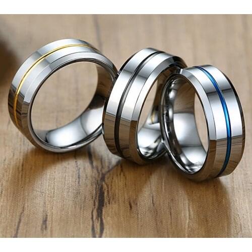 8MM Mens Tungsten Steel Rings With Rainbow/Blue/Yellow Line High Quality Groove Male Wedding Jewelry Gift