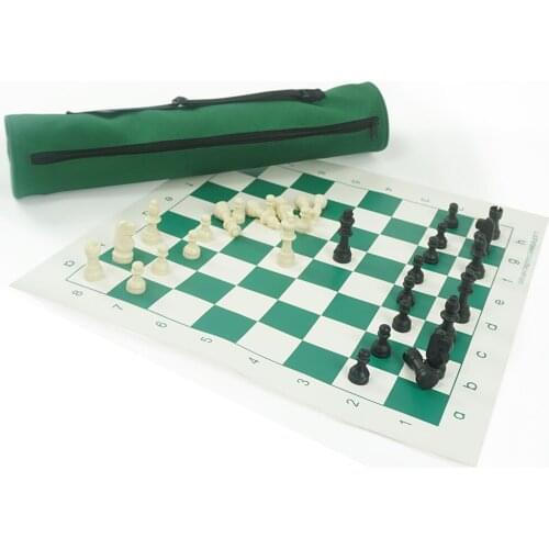 Easy for carrying green chess bag with black and white plastic chess pieces