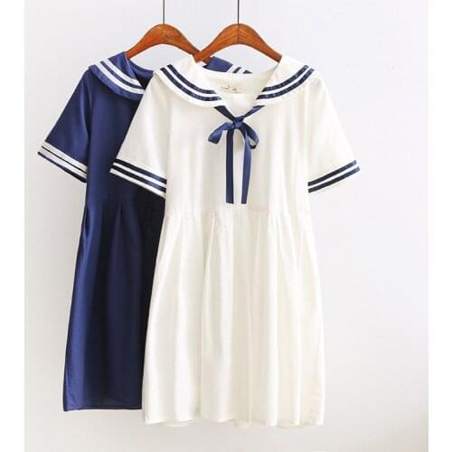 Summer Girl Cartoon Blue White Sailor Suit Collar Dresses School Uniform Girls Preppy Cute Tie Short Sleeve Casual Dress 10549