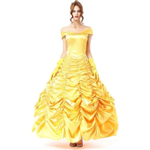 Sexy Deluxe Adult Beauty And The Beast Fancy Dress Halloween Carnival Party Yellow Princess Bell Masquerade Costume