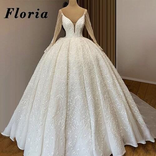 Muslim Ball Gown Pearls Wedding Dresses Saudi Arabia 2021 Vestidos Custom Long Sleeve Appliques Beading Bride Dress Bridal Gown