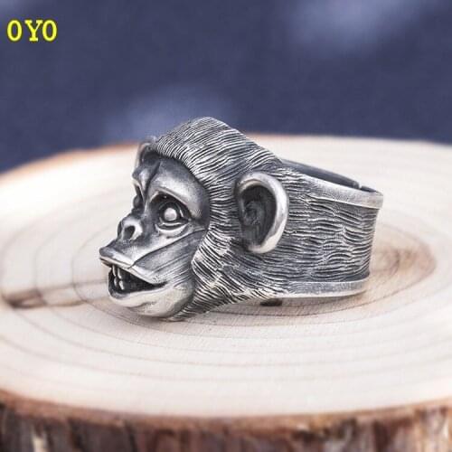 100% S999 Pure Silver Monkey Head Ring Retro Mens and Womens Rings Original Handmade