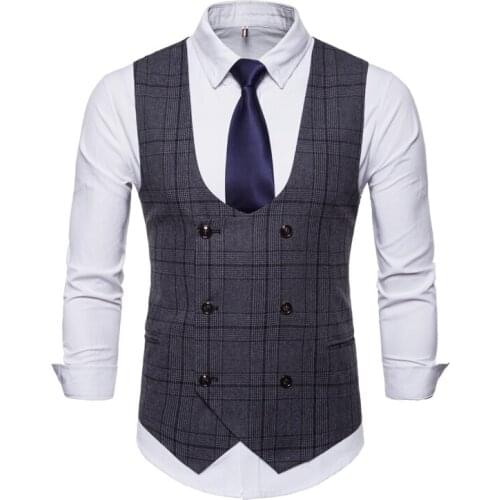 Mens Smart Casual Plaid Pattern High Quality Double Breasted Waistcoat