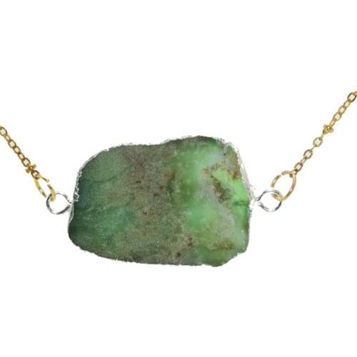 Irregular Natural Jewelry Chrysoprase stone connector necklace 2020 women large big raw slice green quartz crystal double loop