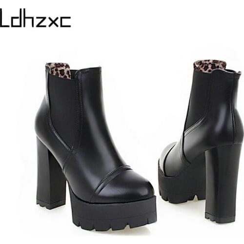 LDHZXC Newest Winter Boots Women High Heels Platform Shoes Zip Lace Up Fashion Dress Party Shoes Woman Ankle Boots