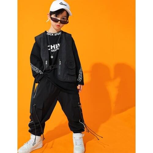 Boys Hip Hop Clothes Loose Black Vest Tops Cargo Pants Children Street Dancer Outfit Jogger Sportwear Drum Stage Costume BL5664