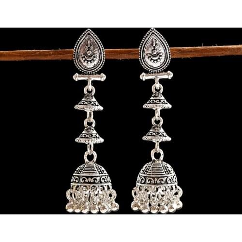 OIQUEI Boho Ethnic Womens Long Drop Indian Jhumka Earrings Vintage Gypsy Jewelry Sliver Color Bell Hanging Earrings For Women