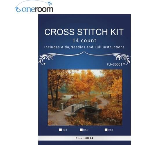 Oneroom Needlework, unprinted Cross stitch Embroidery Autumn Scenic Bridge Counted White canvas Cross-Stitching handmade