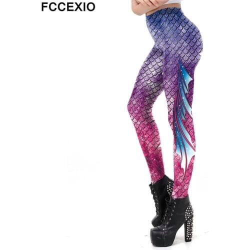 FCCEXIO Sexy Galaxy Mermaid Leggings Women Fish Scales Printed Workout Legging Colorful Shiny Skinny Fitness Leggins Silm Pants
